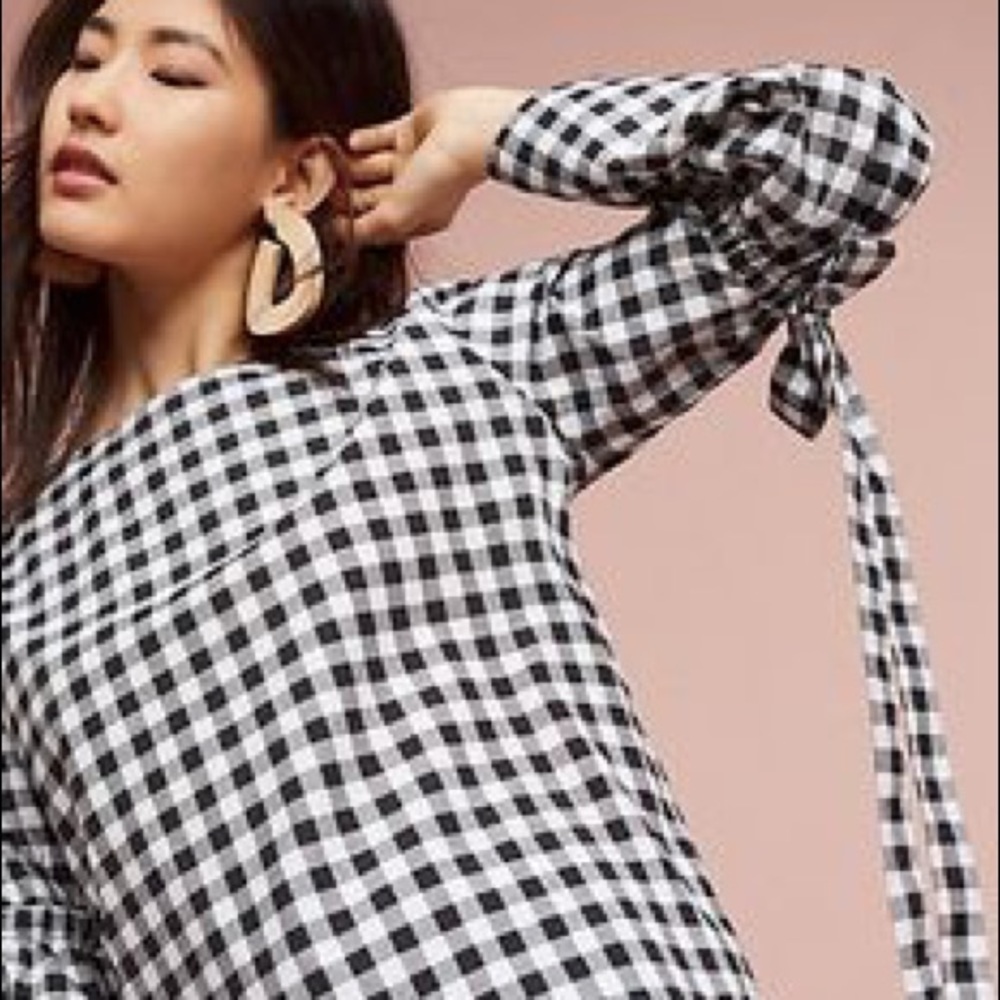 Anthropologie Gingham Black & White Tie Sleeve Top